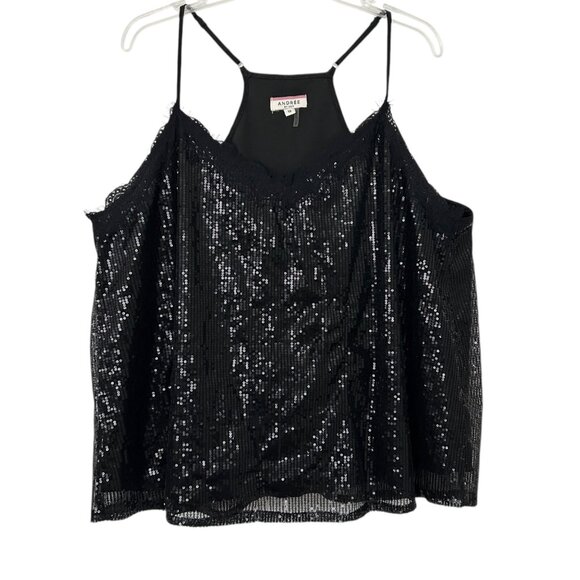 Andree By Unit Black Sexy Sequins Spaghetti Strap Lace Trim Cami Tank Top (1X) - Picture 5 of 14